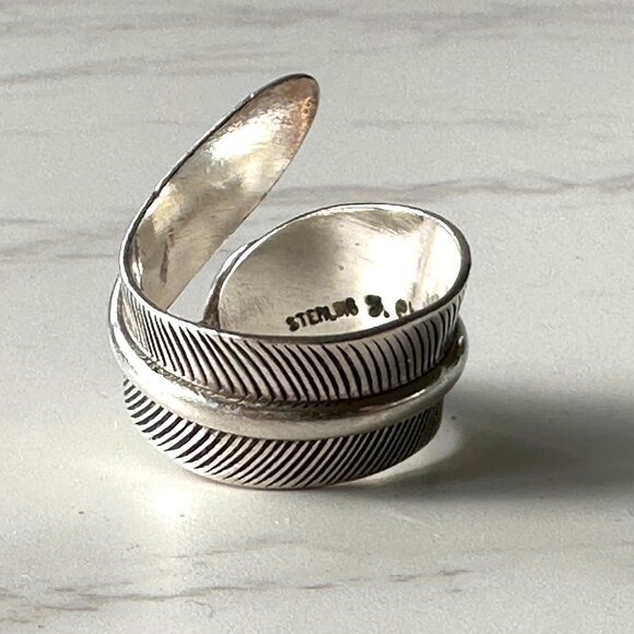 Native American Navajo Sterling Silver & Lapis Wrap Around Feather Ring Signed C - Picture 9 of 9